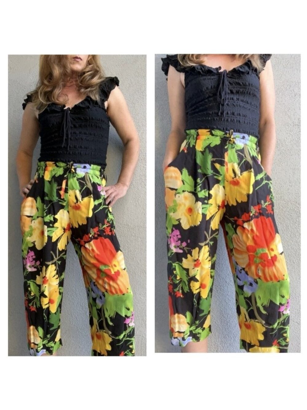 VTG Y2K Jams World Flora Grande Black Capri Floral Hawaiian Beach Pants L USA
